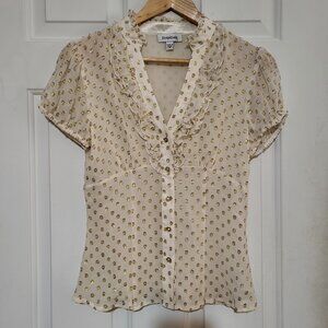 Bebe Cream Metallic Gold Ruffle Short Sleeve Button Front Semi Sheer Silk Blouse